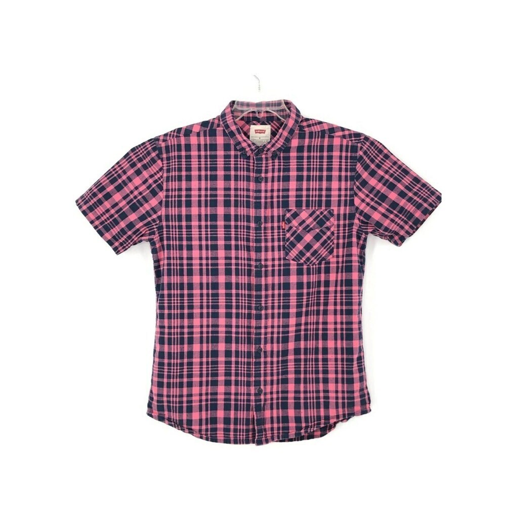 Levis Shirt Mens Small Pink Plaid Short Sleeve Button Up Collared Pocket Casual